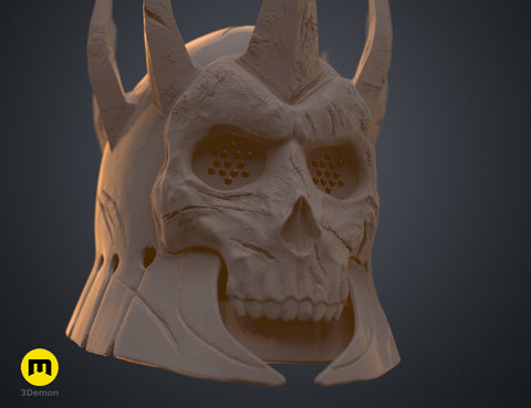 Close-up 3D render of the the wraith king helmet, showing the weathered skull texture and perforated eye lens details.