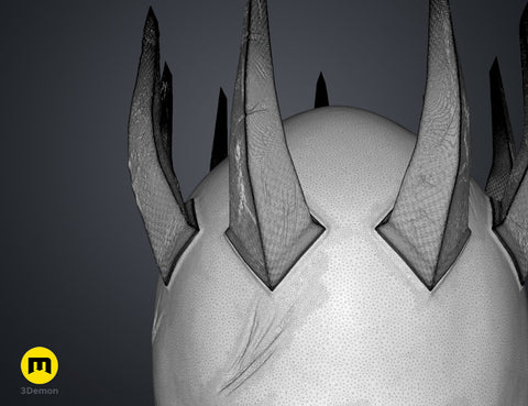 Close-up wireframe mesh view of the the wraith king helmet's spiked crown, showing the high-density digital 3D topology.