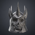 Front view 3D render of the the wraith king helmet with a weathered silver texture and menacing skull face mask.