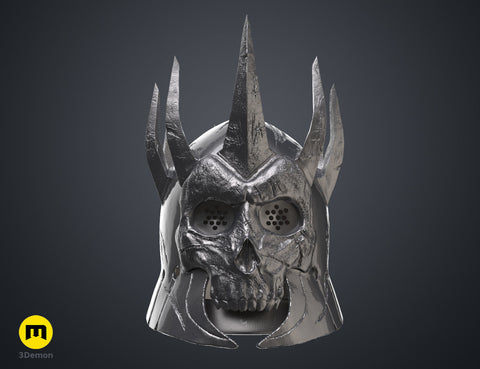 Front view 3D render of the the wraith king helmet with a weathered silver texture and menacing skull face mask.