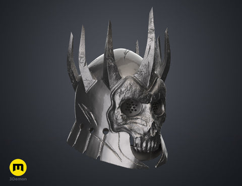 Side-angled 3D render of the the wraith king helmet, highlighting the metallic skull mask profile and perforated eye lenses.