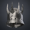 Rear view 3D render of the the wraith king helmet with a metallic silver finish, showcasing the back of the spiked crown.