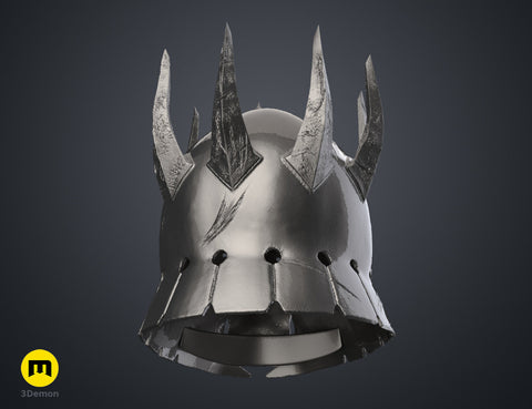 Rear view 3D render of the the wraith king helmet with a metallic silver finish, showcasing the back of the spiked crown.