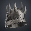 Rear-angled 3D render of the the wraith king helmet prop, showing the spiked crown and layered neck protection plates.