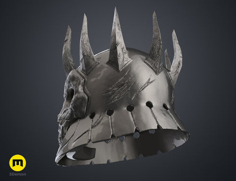 Rear-angled 3D render of the the wraith king helmet prop, showing the spiked crown and layered neck protection plates.