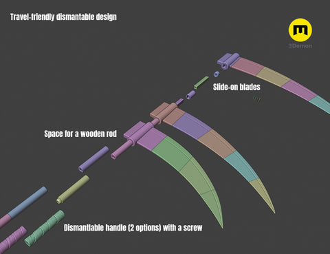 3D model render of Hidan Scythe - Naruto STL, exploded view of slide-on blades and dismantlable handle, 3D print cosp...