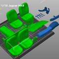 Color-coded parts breakdown of RC model Jaguar MK8, 1/10 scale, exploded view for 3D print assembly