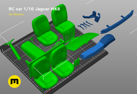 Color-coded parts breakdown of RC model Jaguar MK8, 1/10 scale, exploded view for 3D print assembly