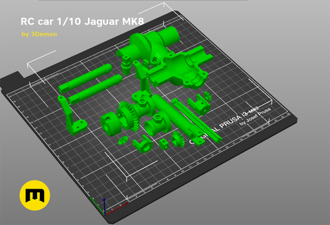 Exploded view of RC car 1/10 Jaguar MK8 STL, colored parts assembly guide for 3D print