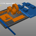 Slicer screenshot of RC car 1/10 Jaguar MK8 STL, orange/blue parts on Prusa print bed