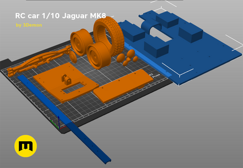 Slicer screenshot of RC car 1/10 Jaguar MK8 STL, orange/blue parts on Prusa print bed