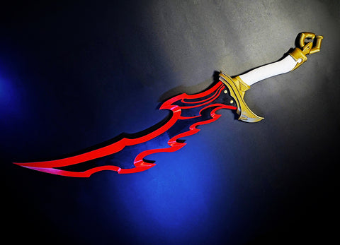 Digital 3D render of Solo Leveling Knight Killer Dagger STL, 3D printed cosplay prop with red flames and gold hilt, s...