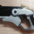 hero shooter game winged medic Blaster 3D print cosplay prop, grey and black assembled view