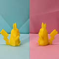 Two yellow low poly pikachu facing each other. One with a lightning tail, one with a heart tail. Blue and pink backgroung