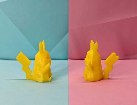 Two yellow low poly pikachu facing each other. One with a lightning tail, one with a heart tail. Blue and pink backgroung