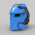 Digital 3D render of battle royale game - tech soldier helmet STL, blue matte 3D print cosplay prop, side view