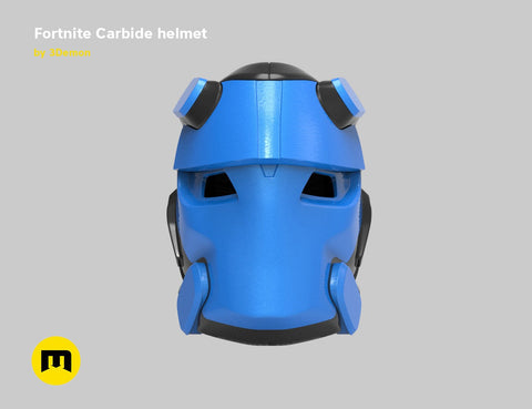 3D model render of battle royale game tech soldier helmet STL, blue 3D print cosplay prop, front view.