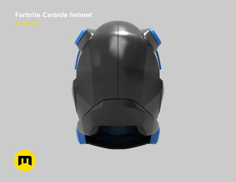 Painted 3D render of battle royale game tech soldier helmet, dark gray with blue accents, 3D print cosplay prop.