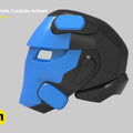 CGI render of battle royale game tech soldier helmet STL, blue and black 3D print cosplay prop, side view