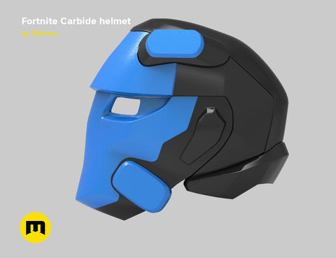 CGI render of battle royale game tech soldier helmet STL, blue and black 3D print cosplay prop, side view