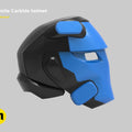 Rendered 3D model of battle royale game tech soldier helmet, blue and black 3D print cosplay prop, side view