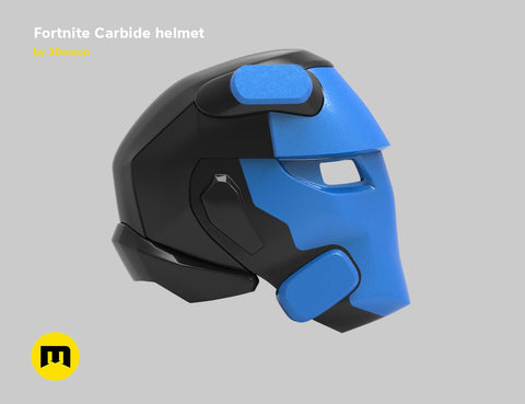 Rendered 3D model of battle royale game tech soldier helmet, blue and black 3D print cosplay prop, side view