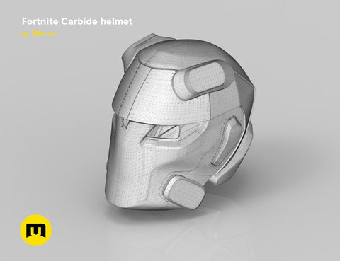 Wireframe mesh render of battle royale game tech soldier helmet STL, grey polygon side view, 3D print cosplay prop