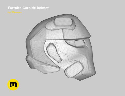 Digital 3D render of battle royale game tech soldier helmet STL, grey wireframe mesh with faceplate detail, 3D print cosplay prop