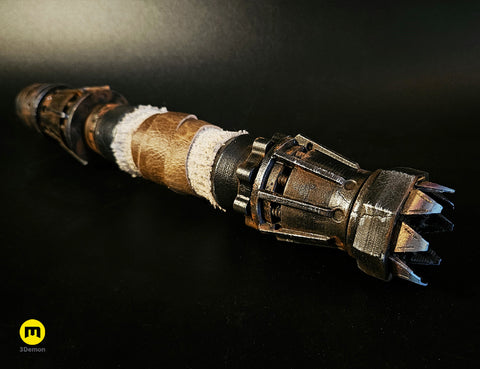 Textured 3D render of Rey Skywalker Lightsaber STL, bronze hilt with black grip, spiked emitter.