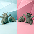 2 grey rhydons and 2 rhyhorns facing each other on split blue and pink background