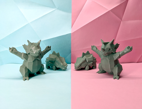 2 grey rhydons and 2 rhyhorns facing each other on split blue and pink background