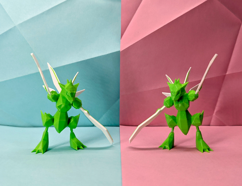 Two green scyther figurines on a split background of blue and pink. The right one has a larger abdomen.