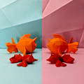 Orange origami fish on a split background of blue and pink with geometric patterns.