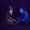 Slay the Spire Merchant Mask STL, purple-horned cosplay prop, dark 3D render