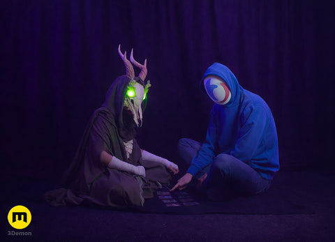 Slay the Spire Merchant Mask STL, purple-horned cosplay prop, dark 3D render
