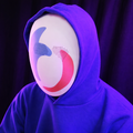 Digital 3D render of Slay the Spire Merchant Mask, purple hooded cosplay prop, front view.
