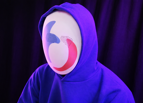 Digital 3D render of Slay the Spire Merchant Mask, purple hooded cosplay prop, front view.