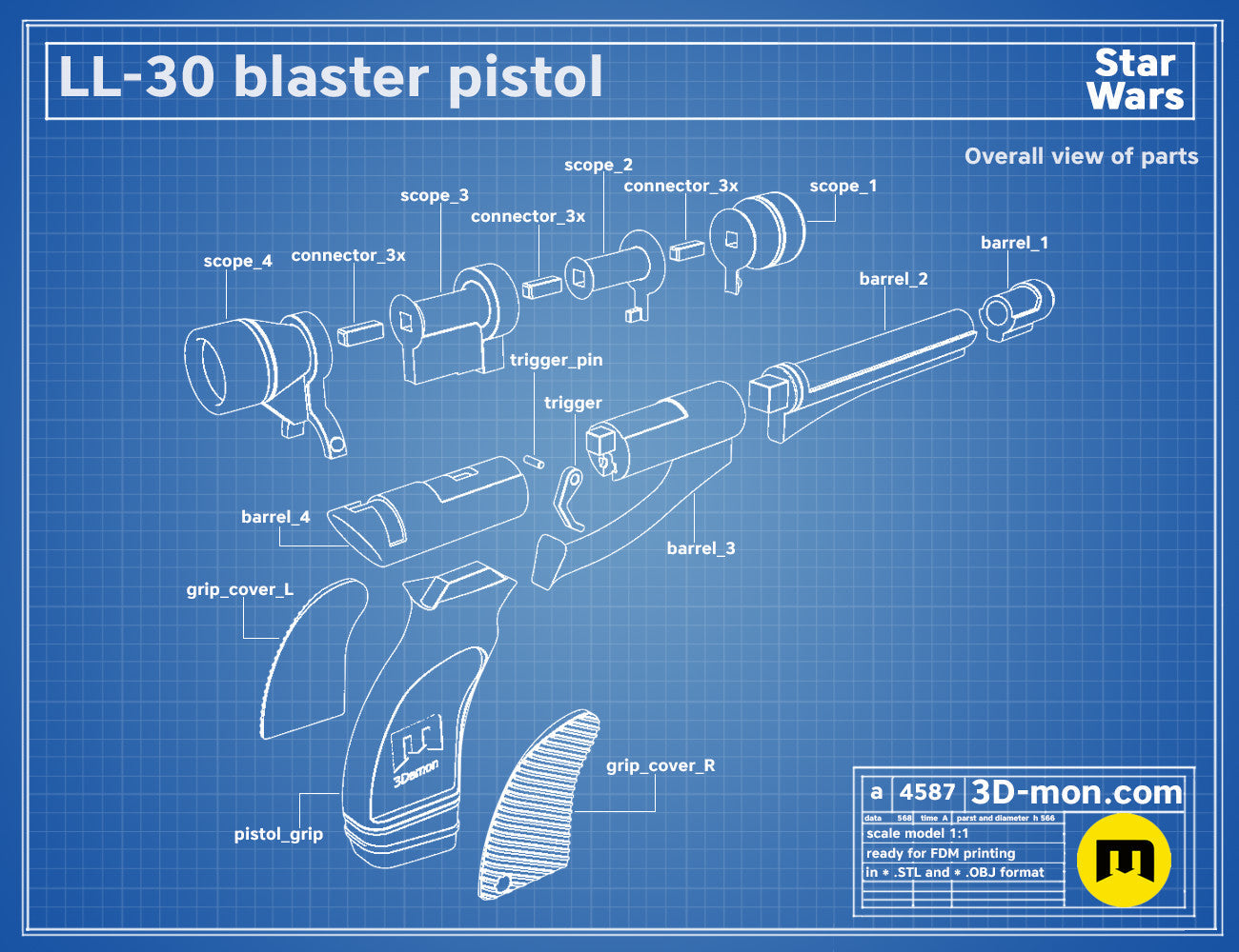 LL-30 Cad Bane Blaster STL | 3D Printable Prop Weapon | 3Demon