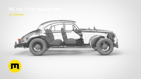 RC car 1/10 Jaguar MK8, exploded view of 3D printed assembly with transparent body parts.