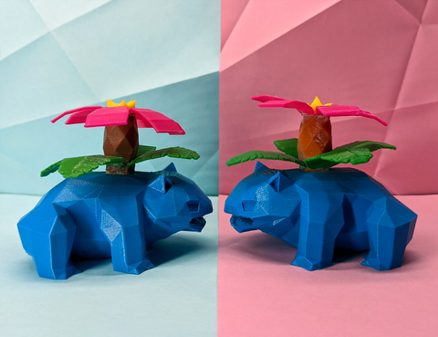 Two vunsaur facing each other on split  blue and pink background