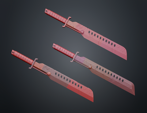 3D print preview of Mandalorian Vibrosword STL, glowing red dual-blade cosplay prop render