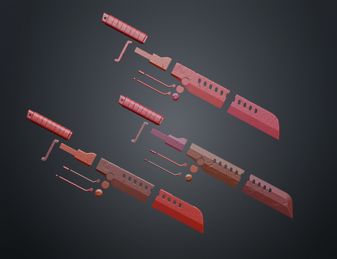 Disassembled parts of Mandalorian Vibrosword STL, exploded view of hilt and blade, 3D print cosplay prop