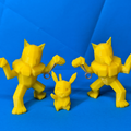 Three yellow low poly style hypno figures with a small pikachu figure on a blue background