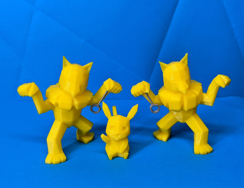 Three yellow low poly style hypno figures with a small pikachu figure on a blue background