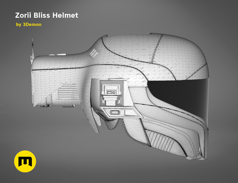 Wireframe mesh render of smuggler pilot Helmet STL, side polygon structure, 3D print cosplay prop