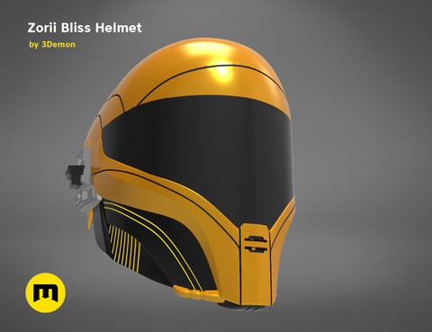 Painted 3D render of smuggler pilot Helmet, orange and black 3D print cosplay prop, side view