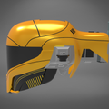 Digital 3D render of smuggler pilot Helmet STL, sleek orange-black futuristic 3D print cosplay prop.