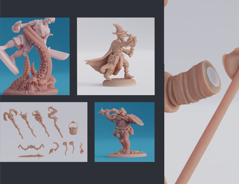 Custom 3D printed DnD miniatures cut and assembled for tabletop gaming