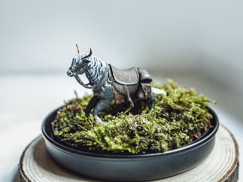 3D printed Elden Ring Torrent steed figure in a moss terrarium diorama