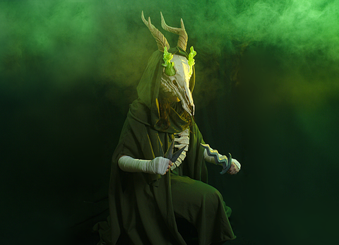 3D printed cosplay costume of The Silent from Slay the Spire — hooded robe and horned mask